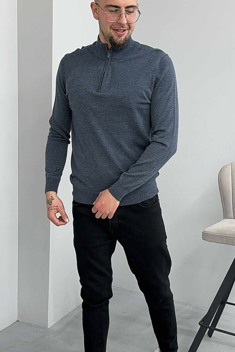 ONE COLOR ZIPPER NECK MEN SWEATER DARK GREY/GEE - 3