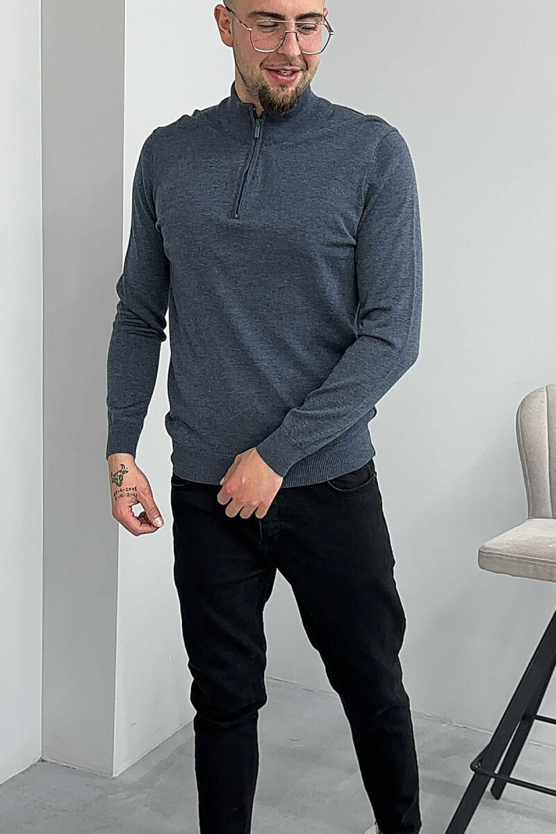 ONE COLOR ZIPPER NECK MEN SWEATER DARK GREY/GEE - 3