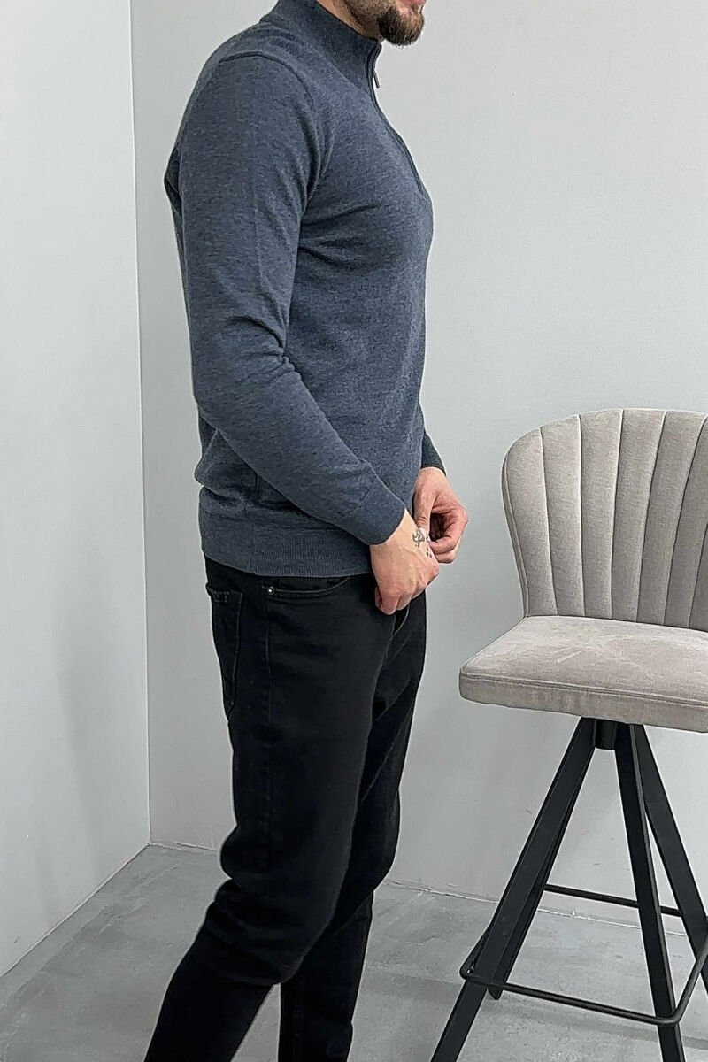 ONE COLOR ZIPPER NECK MEN SWEATER DARK GREY/GEE - 4