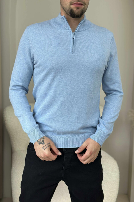ONE COLOR ZIPPER NECK MEN SWEATER LIGHTBLUE/BZ - 2