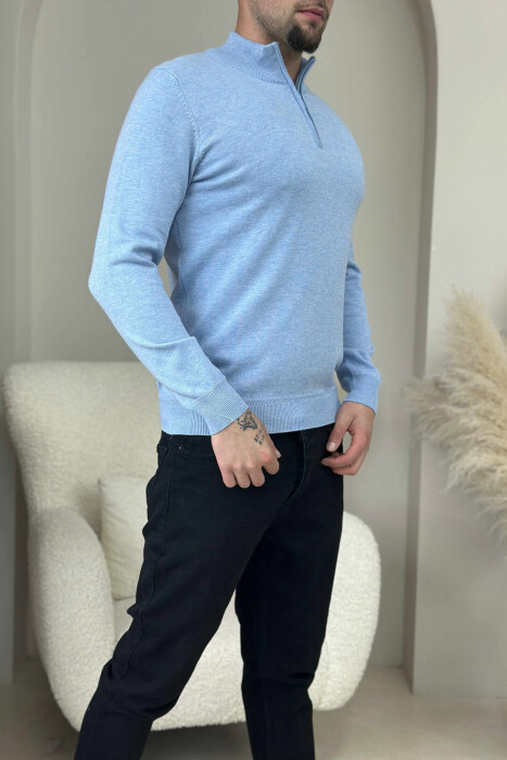 ONE COLOR ZIPPER NECK MEN SWEATER LIGHTBLUE/BZ - 3