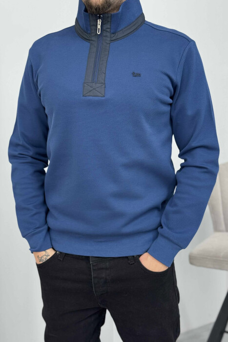 ONE COLOR ZIPPER NECK MEN SWEATSHIRT BLUE/BLU - 2
