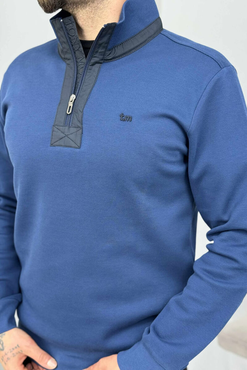 ONE COLOR ZIPPER NECK MEN SWEATSHIRT BLUE/BLU - 3
