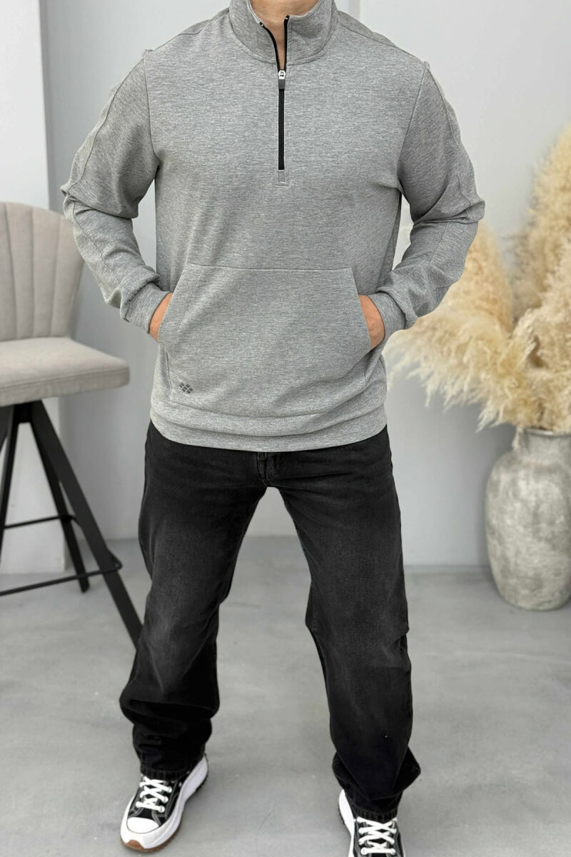 ONE COLOR ZIPPER NECK MEN SWEATSHIRT GREY/GRI - 1