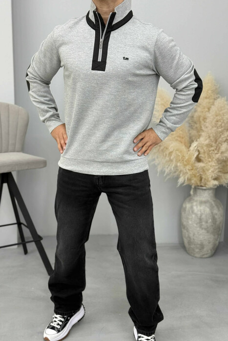 ONE COLOR ZIPPER NECK MEN SWEATSHIRT GREY/GRI 