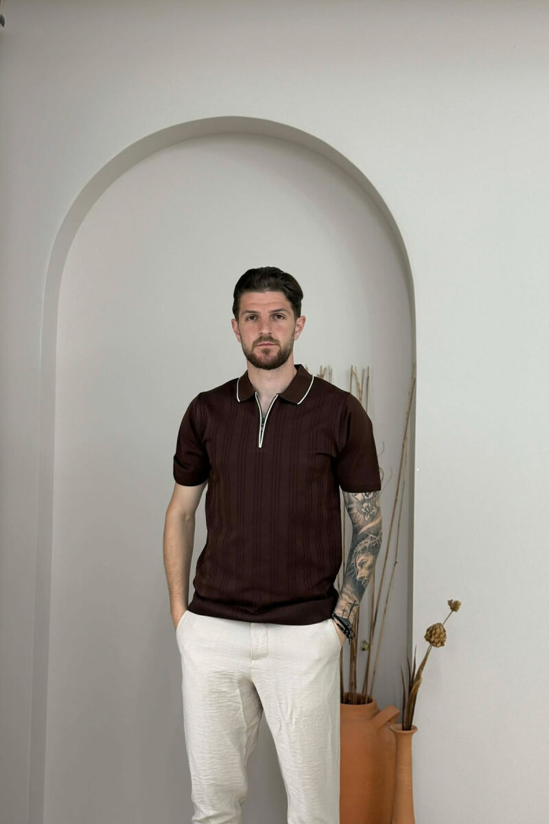 ONE COLOR ZIPPER NECK MEN T-SHIRT BROWN/KAFE - 1