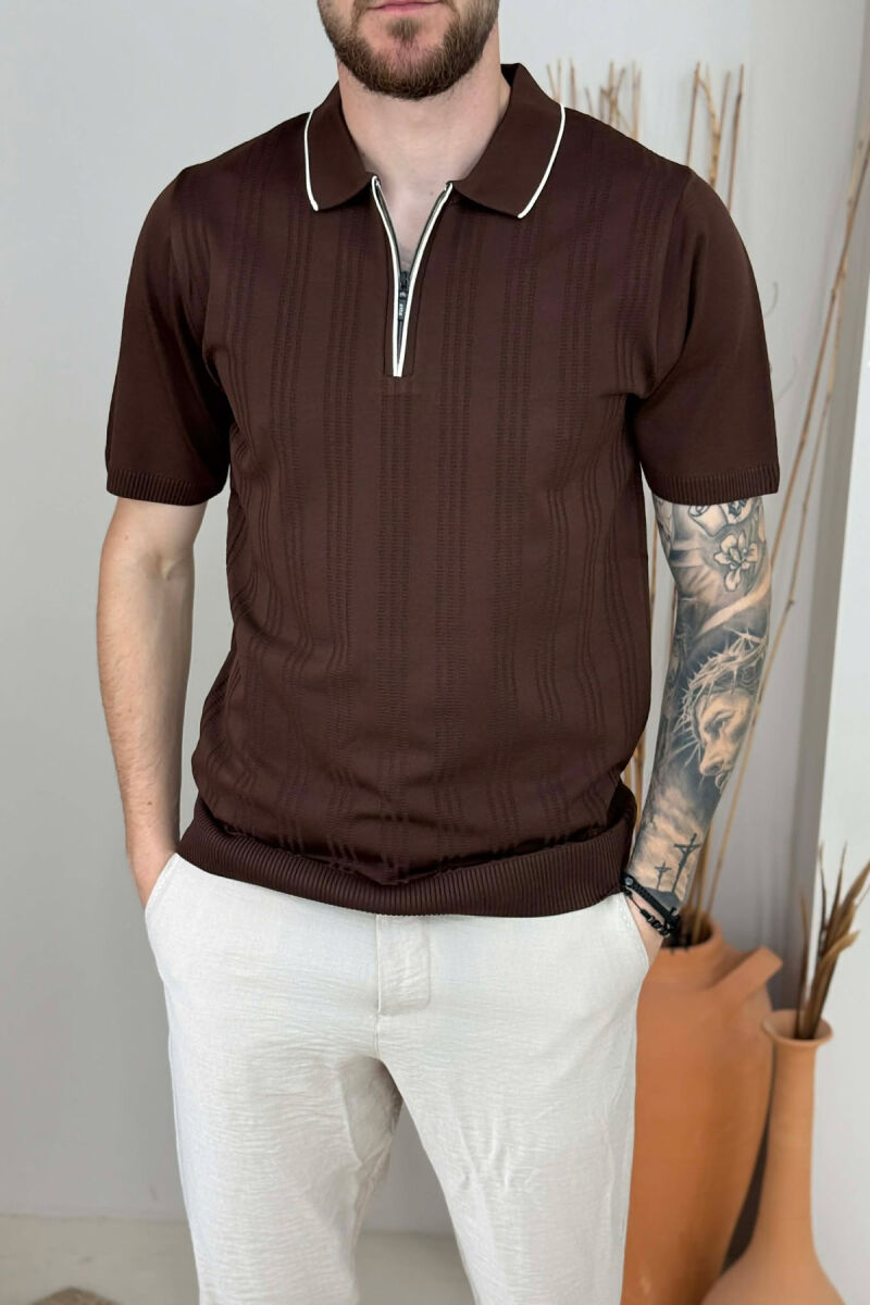 ONE COLOR ZIPPER NECK MEN T-SHIRT BROWN/KAFE - 4