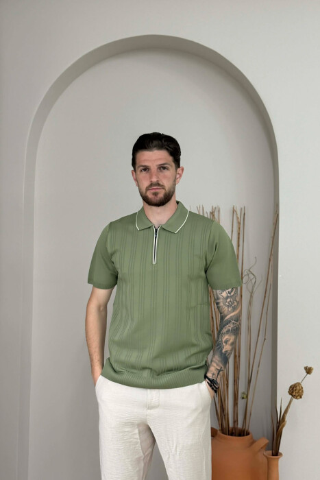ONE COLOR ZIPPER NECK MEN T-SHIRT GREEN/JESHILE - KLAUDIO FASHION