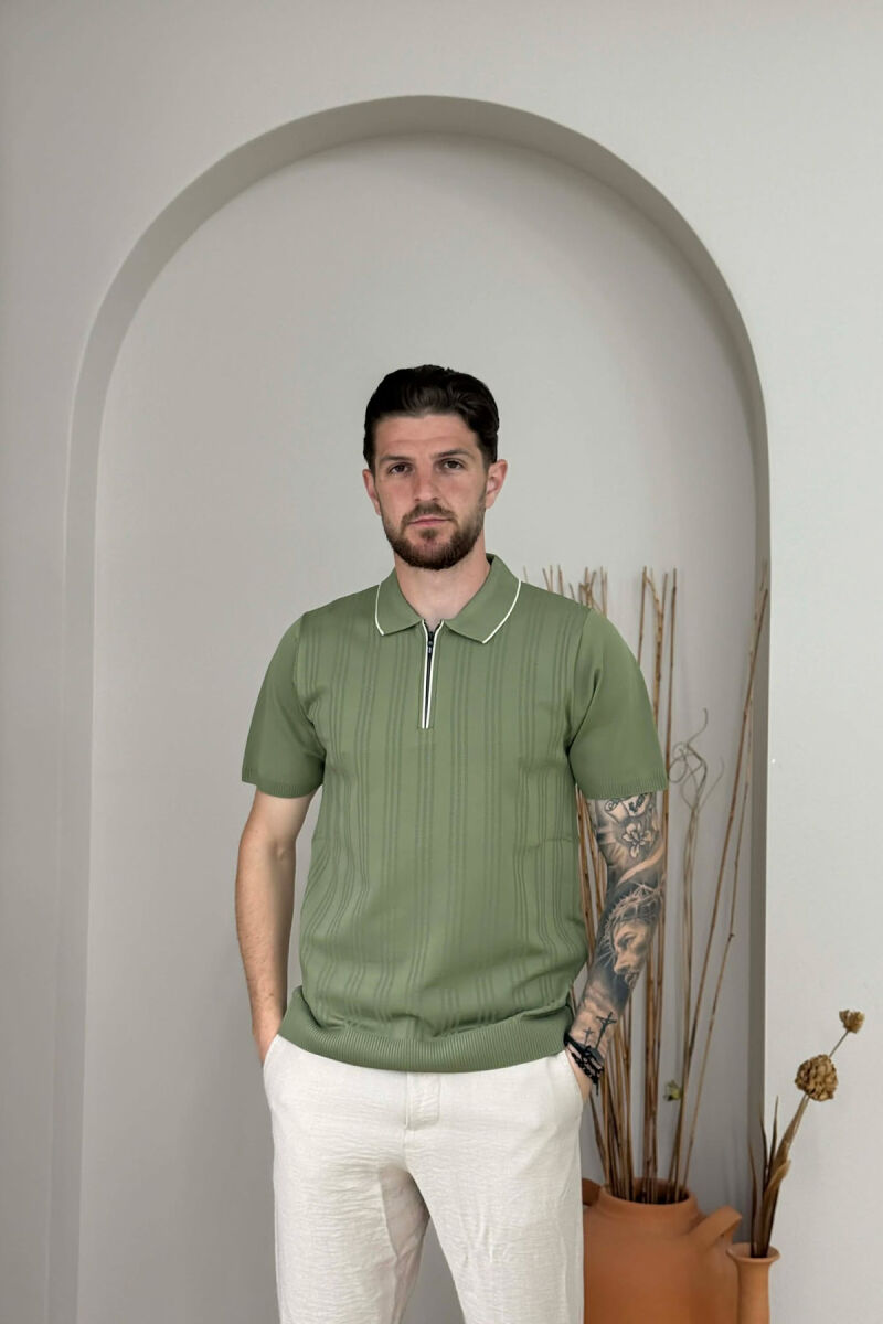 ONE COLOR ZIPPER NECK MEN T-SHIRT GREEN/JESHILE - 1