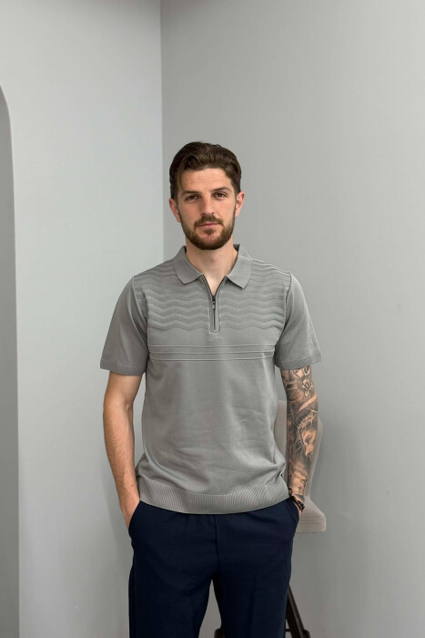 ONE COLOR ZIPPER NECK MEN T-SHIRT GREY/GRI - 1