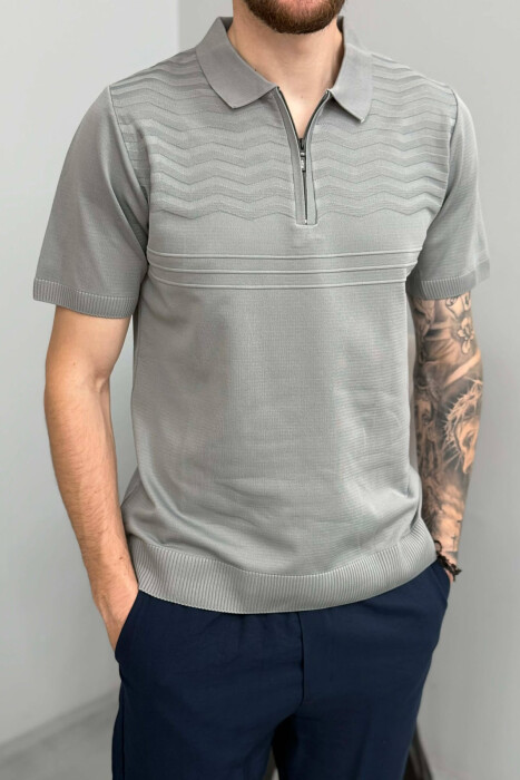 ONE COLOR ZIPPER NECK MEN T-SHIRT GREY/GRI - 2