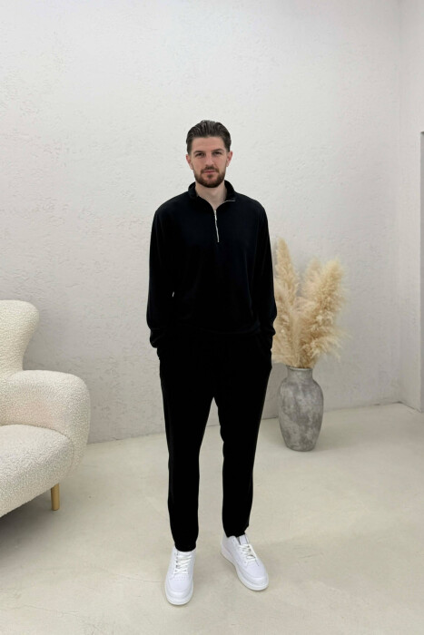 ONE COLOR ZIPPER NECK SWEATSHIRT+ SWEATPANTS MEN SET BLACK/ E ZEZE - 1