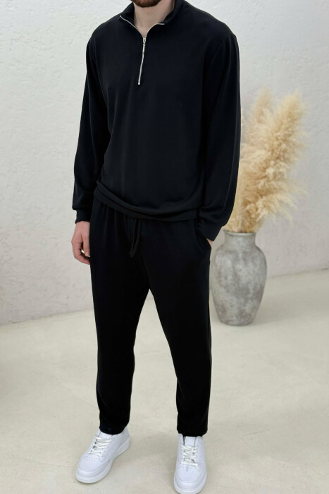 ONE COLOR ZIPPER NECK SWEATSHIRT+ SWEATPANTS MEN SET BLACK/ E ZEZE - 3