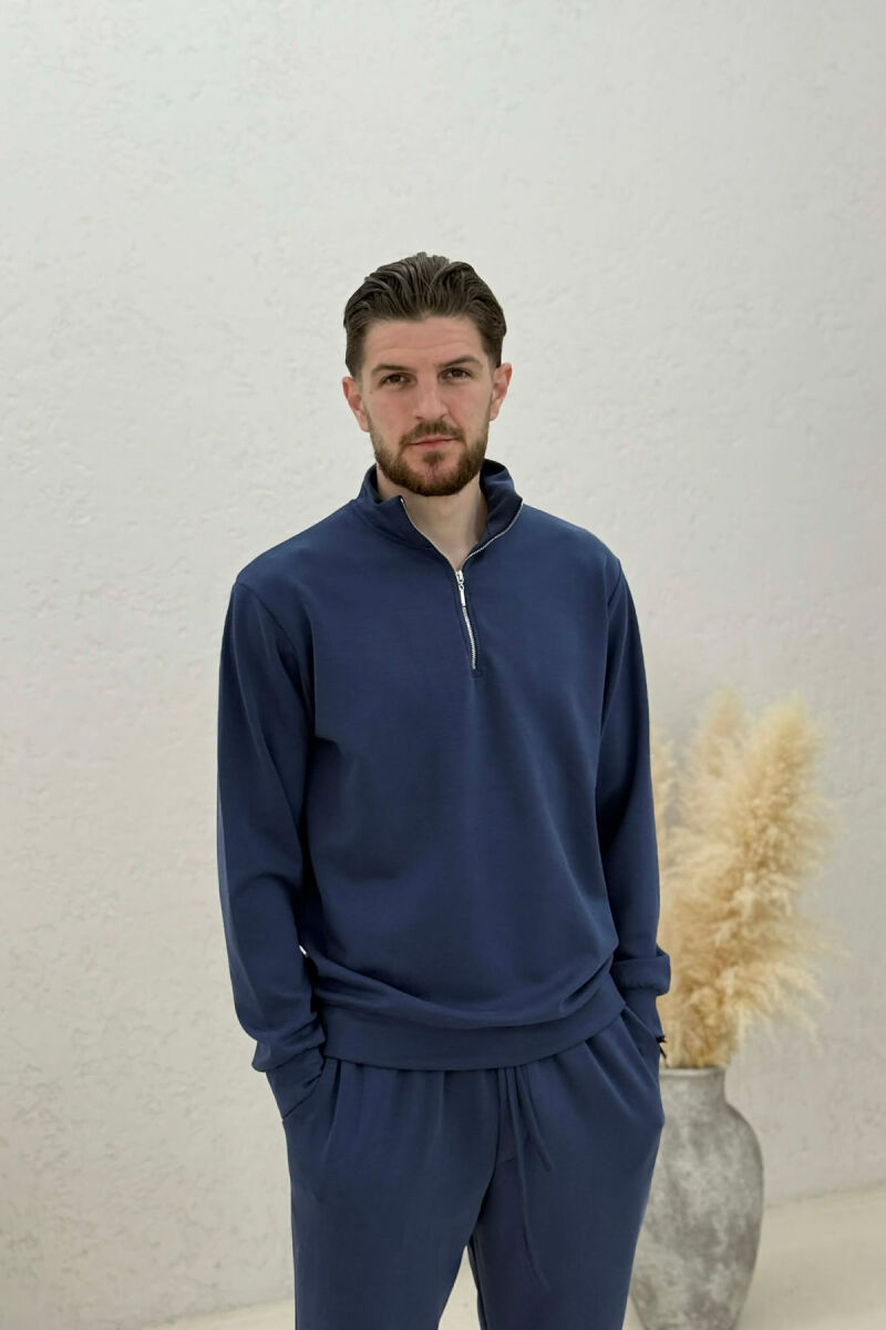ONE COLOR ZIPPER NECK SWEATSHIRT+ SWEATPANTS MEN SET BLUE/BLU - 2