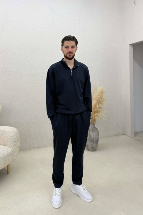 ONE COLOR ZIPPER NECK SWEATSHIRT+ SWEATPANTS MEN SET DARK BLUE/BEE 