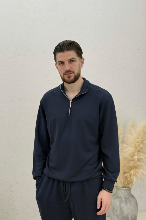 ONE COLOR ZIPPER NECK SWEATSHIRT+ SWEATPANTS MEN SET DARK BLUE/BEE - 2