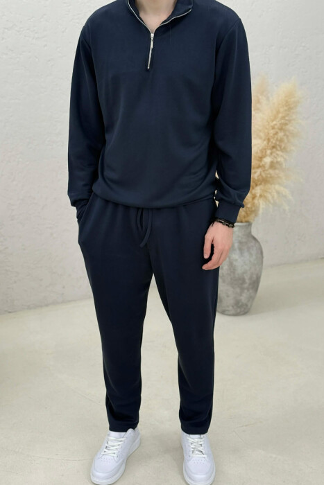 ONE COLOR ZIPPER NECK SWEATSHIRT+ SWEATPANTS MEN SET DARK BLUE/BEE - 3