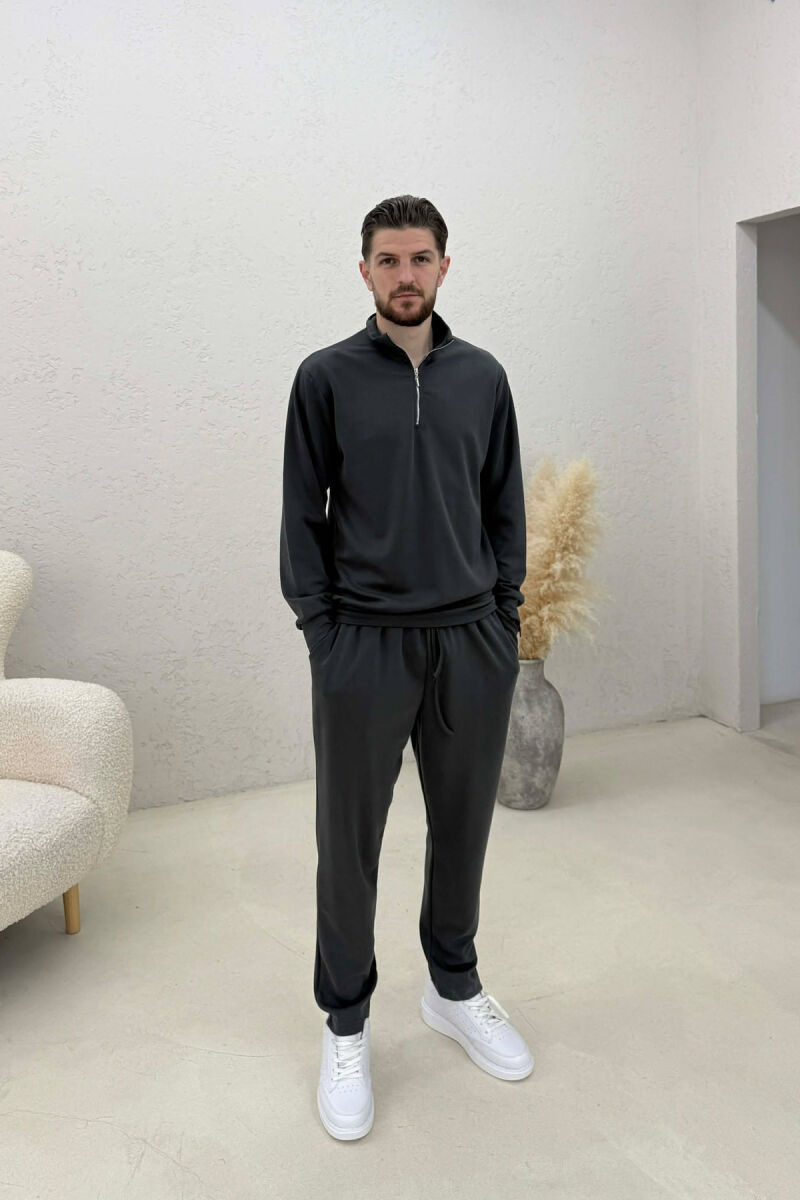 ONE COLOR ZIPPER NECK SWEATSHIRT+ SWEATPANTS MEN SET DARK GREY/GEE - 1