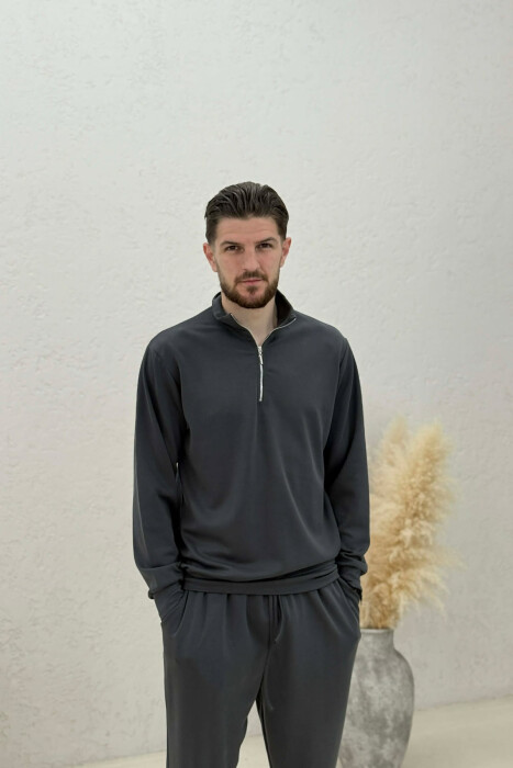 ONE COLOR ZIPPER NECK SWEATSHIRT+ SWEATPANTS MEN SET DARK GREY/GEE - 2