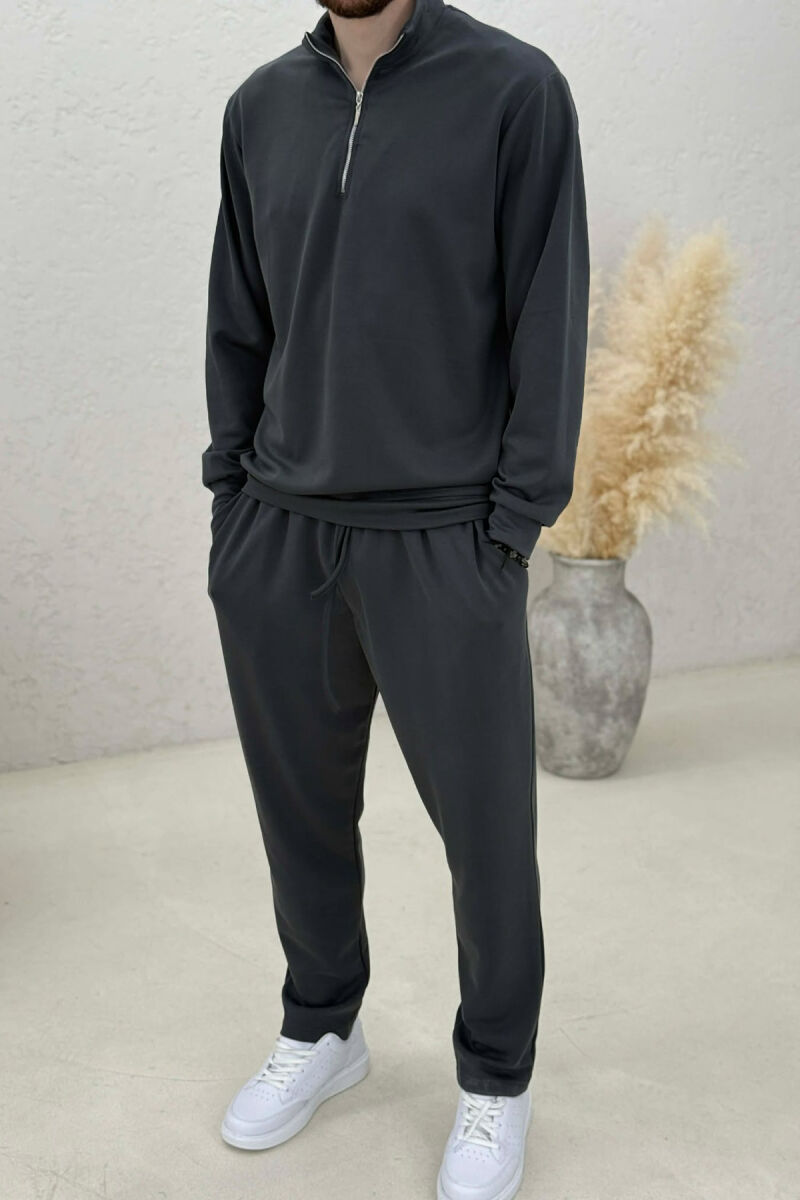 ONE COLOR ZIPPER NECK SWEATSHIRT+ SWEATPANTS MEN SET DARK GREY/GEE - 3
