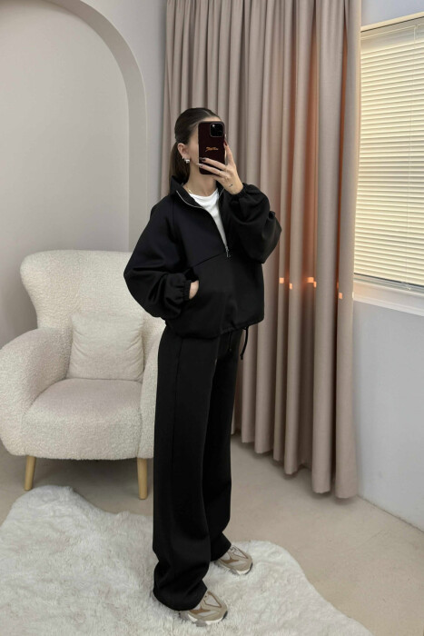 ONE COLOR ZIPPER NECK SWEATSHIRT+SWEATPANTS WOMEN SET BLACK/ E ZEZE - 2