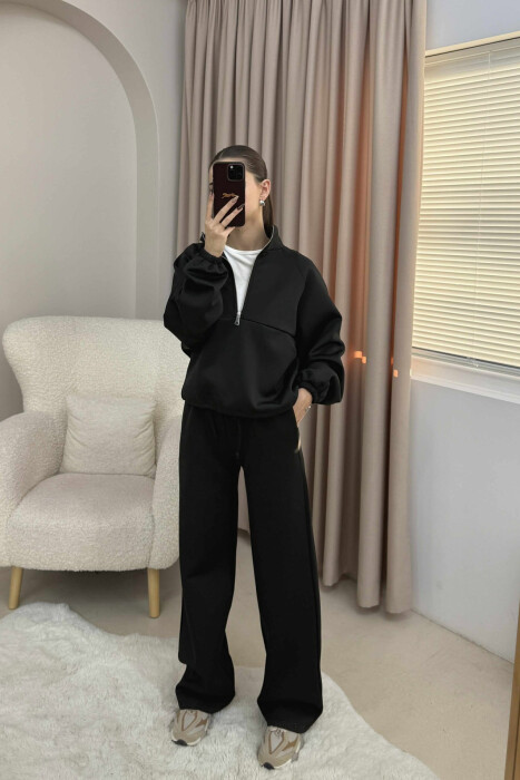 ONE COLOR ZIPPER NECK SWEATSHIRT+SWEATPANTS WOMEN SET BLACK/ E ZEZE - KLAUDIO FASHION
