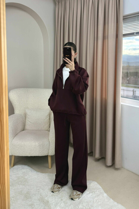 ONE COLOR ZIPPER NECK SWEATSHIRT+SWEATPANTS WOMEN SET BURGUNDY/VISHNJE - KLAUDIO FASHION