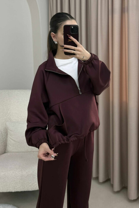 ONE COLOR ZIPPER NECK SWEATSHIRT+SWEATPANTS WOMEN SET BURGUNDY/VISHNJE - 3