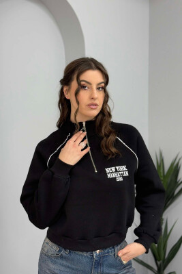 ONE COLOR ZIPPER NECK WOMEN SWEATSHIRT BLACK/ E ZEZE 