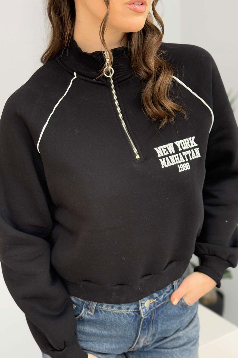 ONE COLOR ZIPPER NECK WOMEN SWEATSHIRT BLACK/ E ZEZE - 3