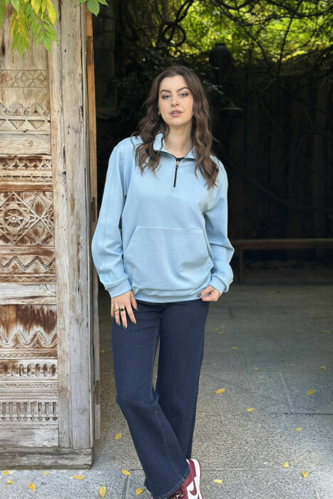 ONE COLOR ZIPPER NECK WOMEN SWEATSHIRT LIGHTBLUE/BZ 
