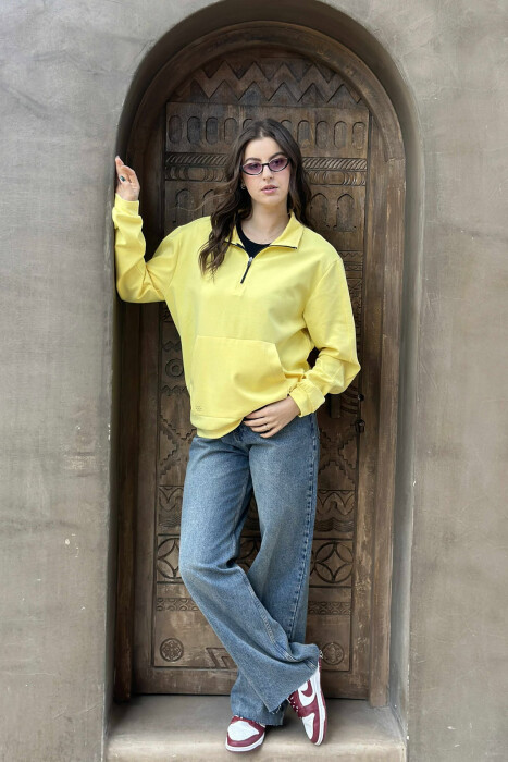 ONE COLOR ZIPPER NECK WOMEN SWEATSHIRT YELLOW/E VERDHE - KLAUDIO FASHION