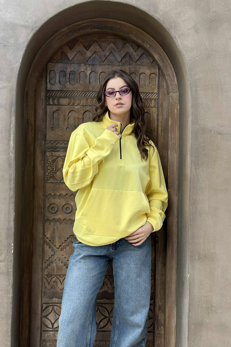 ONE COLOR ZIPPER NECK WOMEN SWEATSHIRT YELLOW/E VERDHE - 2