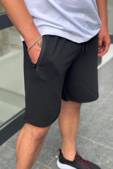 ONE COLOR ZIPPER POCKETS MEN SHORTS BLACK/ E ZEZE - 3