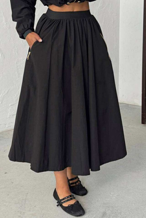 ONE COLOR ZIPPER POCKETS WOMEN SKIRT BLACK/ E ZEZE - 2
