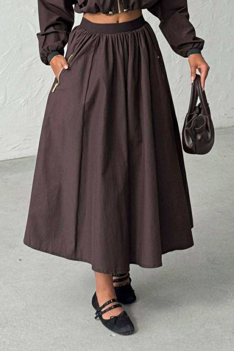 ONE COLOR ZIPPER POCKETS WOMEN SKIRT BROWN/KAFE - 1