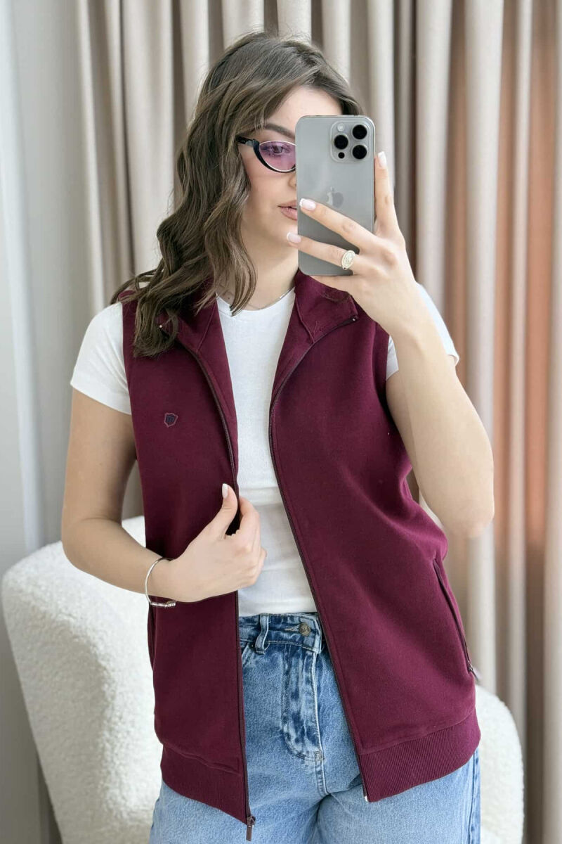 ONE COLOR ZIPPER POCKETS WOMEN VEST BURGUNDY/VISHNJE - 3