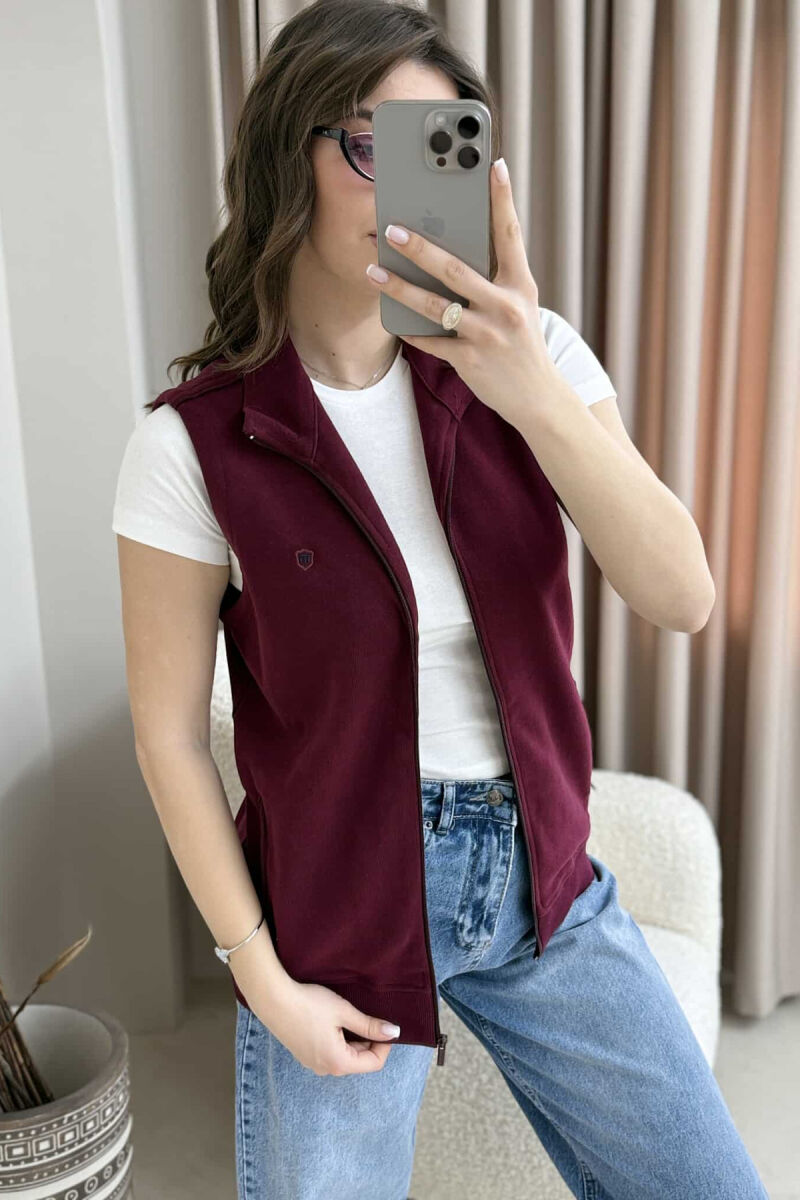 ONE COLOR ZIPPER POCKETS WOMEN VEST BURGUNDY/VISHNJE - 5