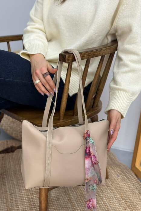 ONE COLOR ZIPPER SCARF DETAIL WOMEN BAG BEIGE/BEZHE - 1