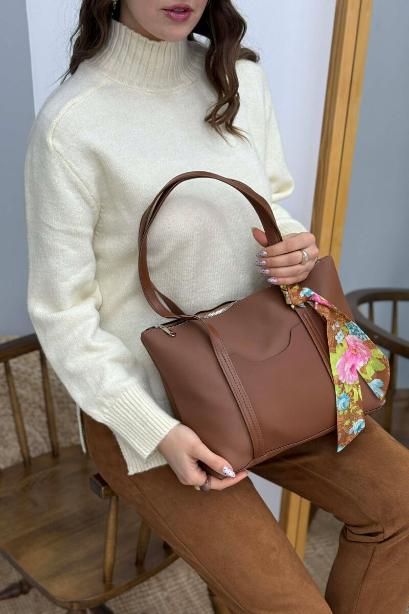ONE COLOR ZIPPER SCARF DETAIL WOMEN BAG BROWN/KAFE - 2