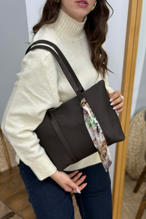ONE COLOR ZIPPER SCARF DETAIL WOMEN BAG DARK BROWN/KAE - KLAUDIO FASHION