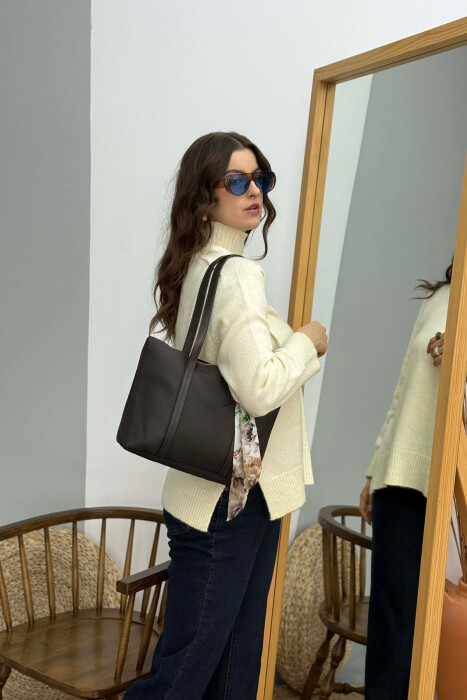 ONE COLOR ZIPPER SCARF DETAIL WOMEN BAG DARK BROWN/KAE - 3