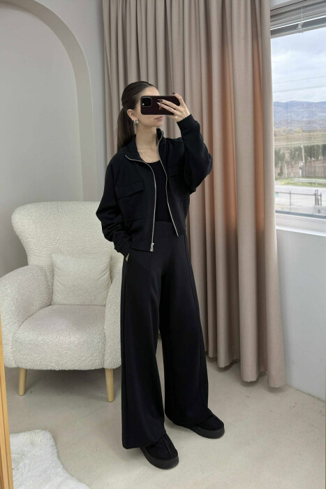 ONE COLOR ZIPPER SIMPLE JACKET+TROUSERS WOMEN SET BLACK/ E ZEZE - KLAUDIO FASHION