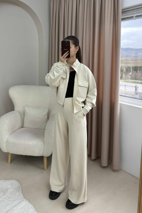 ONE COLOR ZIPPER SIMPLE JACKET+TROUSERS WOMEN SET CREAM/KREM - KLAUDIO FASHION