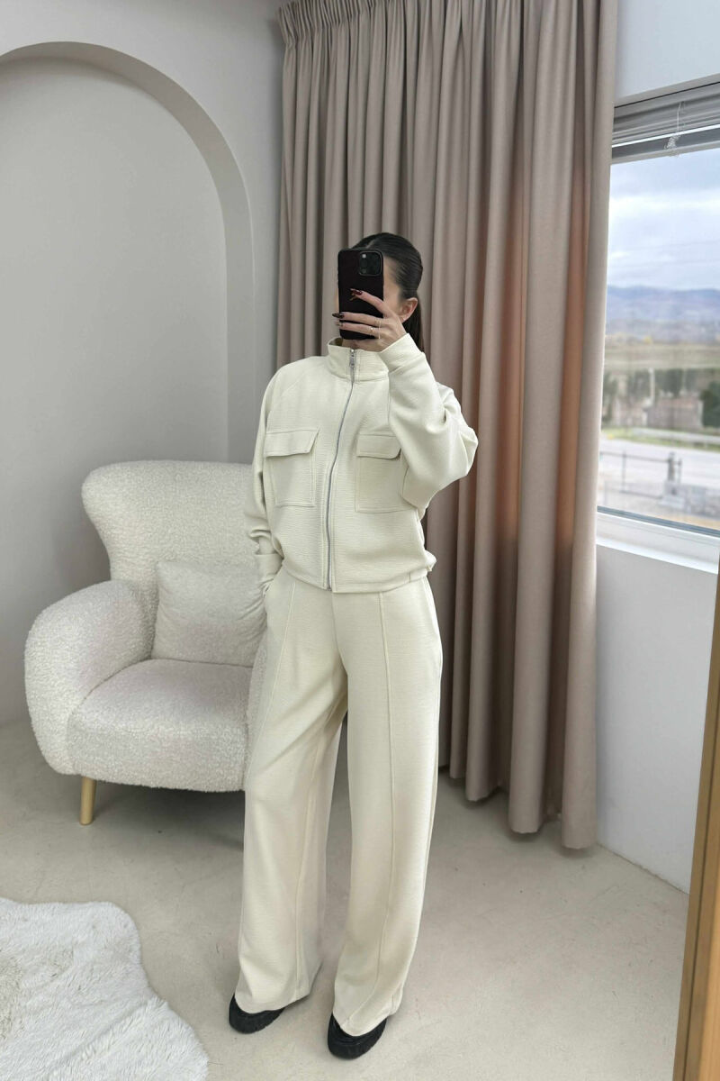 ONE COLOR ZIPPER SIMPLE JACKET+TROUSERS WOMEN SET CREAM/KREM - 2