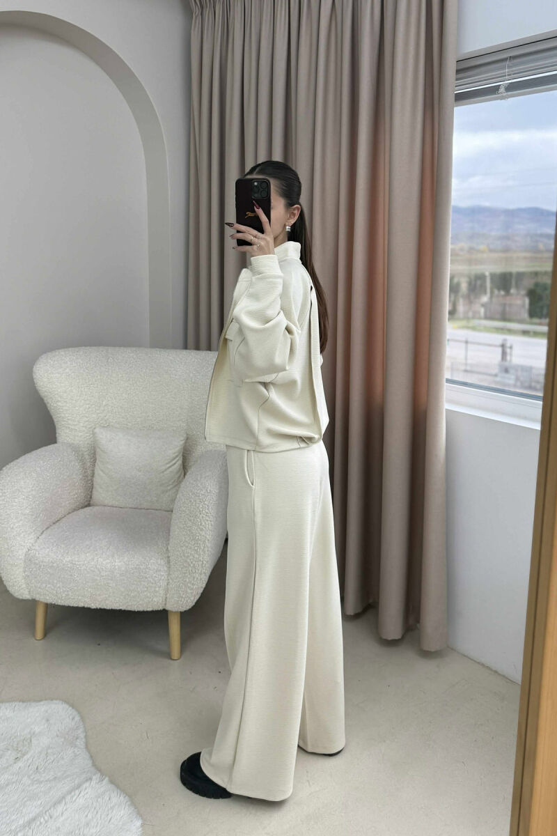ONE COLOR ZIPPER SIMPLE JACKET+TROUSERS WOMEN SET CREAM/KREM - 3