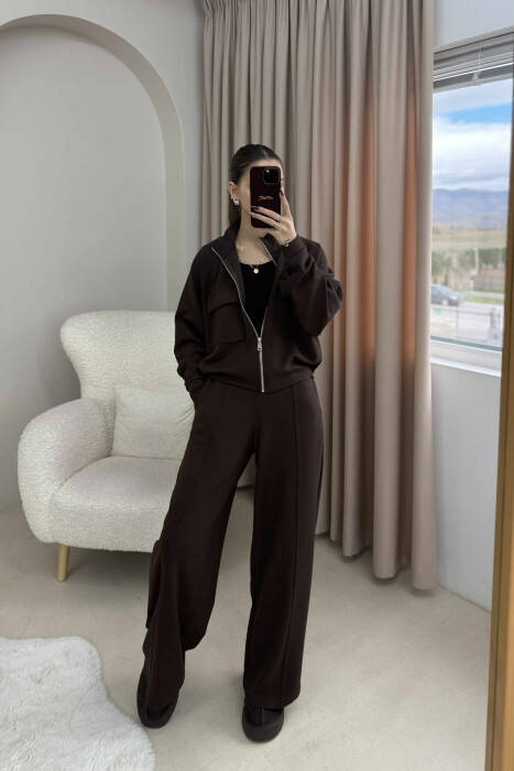 ONE COLOR ZIPPER SIMPLE JACKET+TROUSERS WOMEN SET DARK BROWN/KAE 