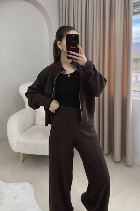 ONE COLOR ZIPPER SIMPLE JACKET+TROUSERS WOMEN SET DARK BROWN/KAE - 3
