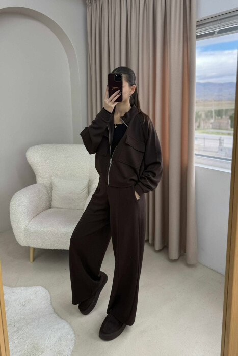 ONE COLOR ZIPPER SIMPLE JACKET+TROUSERS WOMEN SET DARK BROWN/KAE - 4