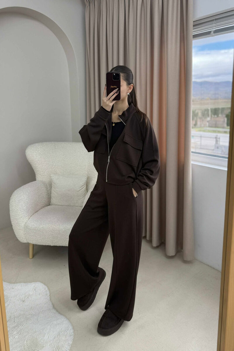 ONE COLOR ZIPPER SIMPLE JACKET+TROUSERS WOMEN SET DARK BROWN/KAE - 4